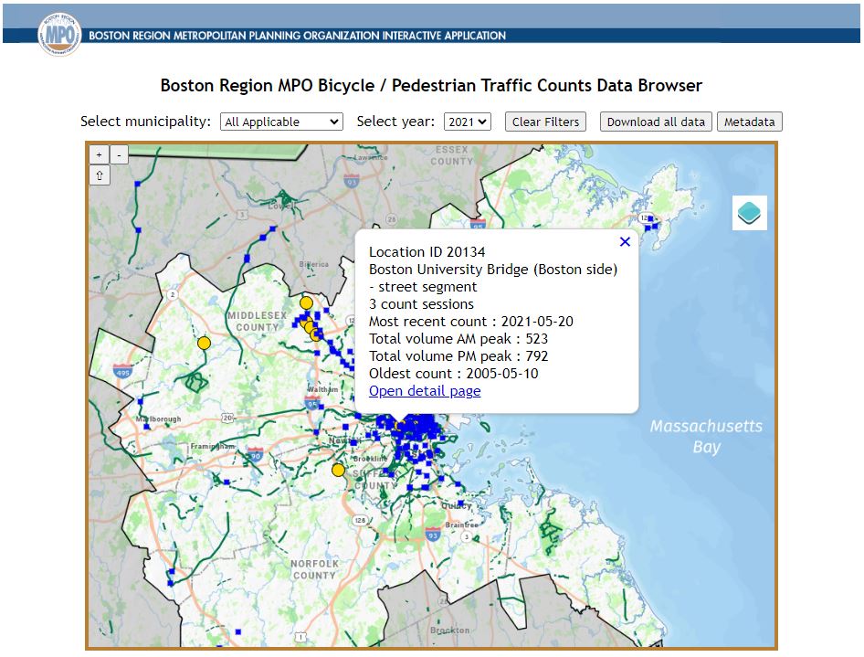 2023 Count Data Application Count Location Information Box. The screenshot shows a box that has popped up on the count data application map after selecting one of the count point icons. The location information box includes the identification number of the point, a descriptive name of the count location, the number of count sessions that have been conducted at the location, the date of the most recent count at the location, the total number of people counted during the A.M. and P.M. peak hours, the date of the oldest count conducted at the location, and a hyperlink to open the count location’s detail page.